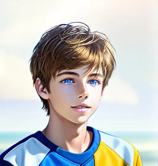 Prompt: Hyperrealistic Hyperrealism (3/4 view of face)++ (head turned)++ (side view) facing camera Beautiful young teen boy, (kid) (messy hair)+ lightbrownhair boy, straight hair, sharp gaze, blue eyes, innocent, boy model, 16 years old, hot, pretty, cute, cinematic lighting, blue sky, bright colors, blue, green, yellow, white,  luminous, hyperdetailed, great composition, professional, artstation award