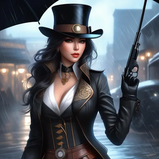 Prompt: a woman in a hat and top hat standing in the rain, steampunk beautiful anime woman, imaginefx : : hyperrealism, on wild west, high detail comic book art, by Dong Qichang, medibang, liang xing, carrying guns, cgsociety on amino, nico robin, ranger