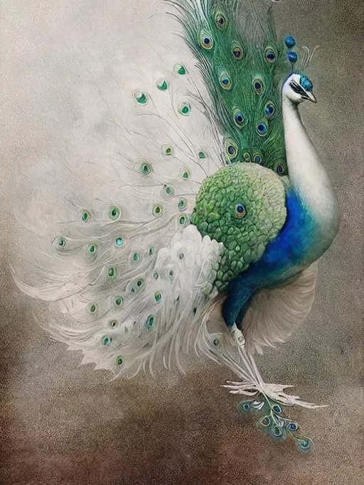 Prompt: A beautiful white, blue and green colored peacock, beautiful, exquisite, glossy, a vision to behold, intricate 3d art by Jean-Baptiste Monge, Catrin Welz Stein, Lisa graa jensen,  Gediminas Pranckevicius, Roberto Ferri, fantastic view 