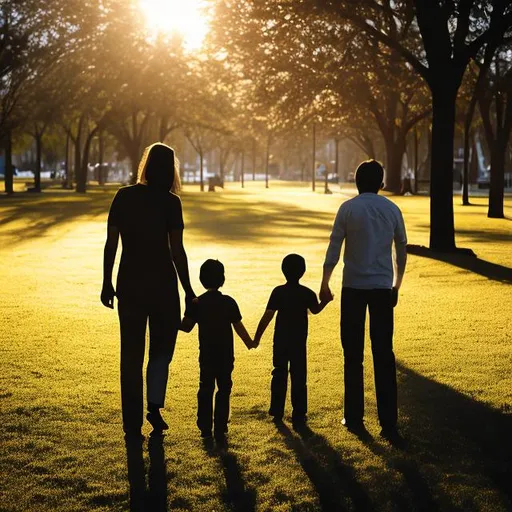 Prompt: mom son and dad shadow image on park


