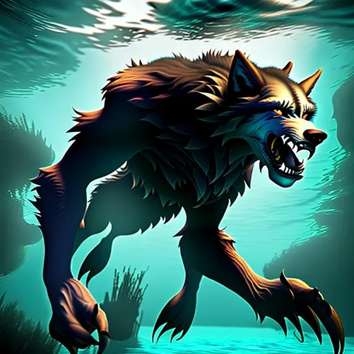 Prompt: Werewolf swimming underwater