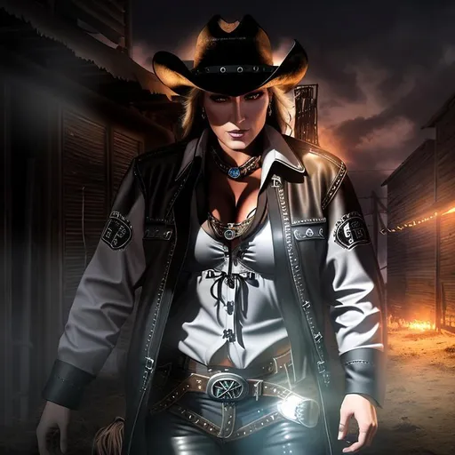 Prompt: Dark, Brooding, Ominous, 3D HD Heroic Dusty Cowboy {Goddess}Female dressed as Cowgirl, hyper realistic, 4K expansive rodeo background --s99500