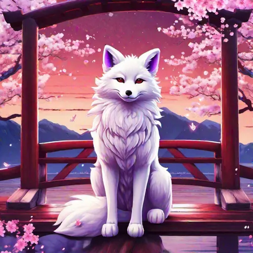 Prompt: fluffy, cute, white and purple 9 tailed kitsune fox with glasses sitting on traditional Japanese style bridge  as the river flows underneath with cherry blossom trees in the back ground, contrast colors, night sky with starts, Japanese style, vibrant background, zoomed out, aesthetic scars, bloody, hallucinations, power, high definition, professional brush strokes, HD, 4K 