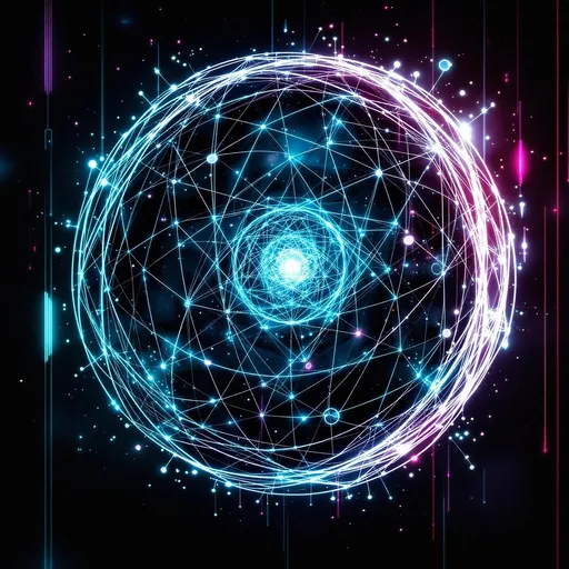 Prompt: glowing evil holographic sphere thingy, a bunch of holographic lines making up a circle with strange shapes in the datasphere, digital representation of information waves, dark evil manipulative influence, black and white lines and waveforms, colorful background