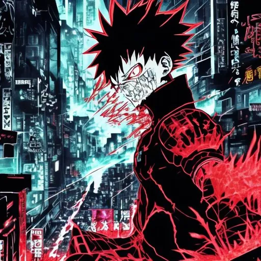 Prompt: Black and neon red. Accurate my hero academia todoroki as villain with blood and fire. Very Dark image with lots of shadows. Background partially destroyed neo Tokyo. Noir anime. Gritty. Dirty. Visceral. 