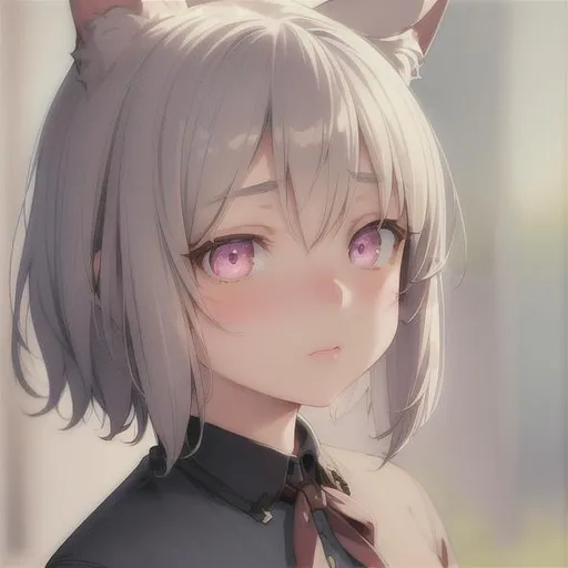 Prompt: Beautiful portrait canvas of small girl, perfect body, muted colors, watercolor style, vintage colors, by greg rutkowski, detailed, intricate face, detailed eyes, gentle tones, short white hair, glowing pink eyes, highly detailed, hd, 4k, 8k, wearing school uniform, has large cat ears, {{happy expression}} 