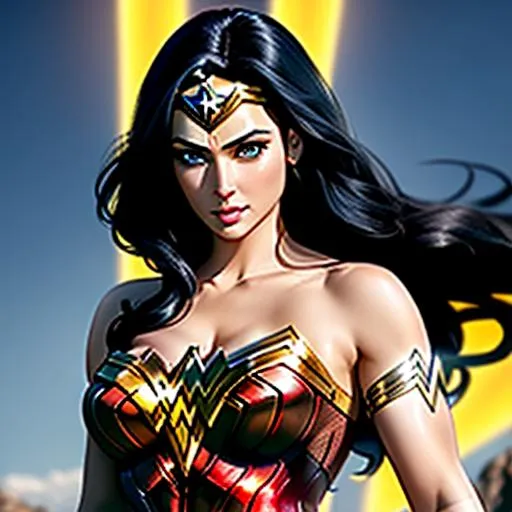 Prompt: photrealistic DC Comic character Wonder Woman with black hair, strikingly beautiful, photrealistic, extremely detailed, beautifully lit, HD, 4K, ((hyper quality)), refined rendering, extremely detailed CG unity 8k wallpaper, highly detailed, (super fine illustration), highres