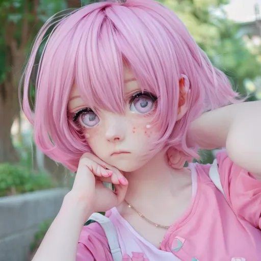 Prompt: pretty anime girl with pink short hair with a sad expression and is wearing pink clothes