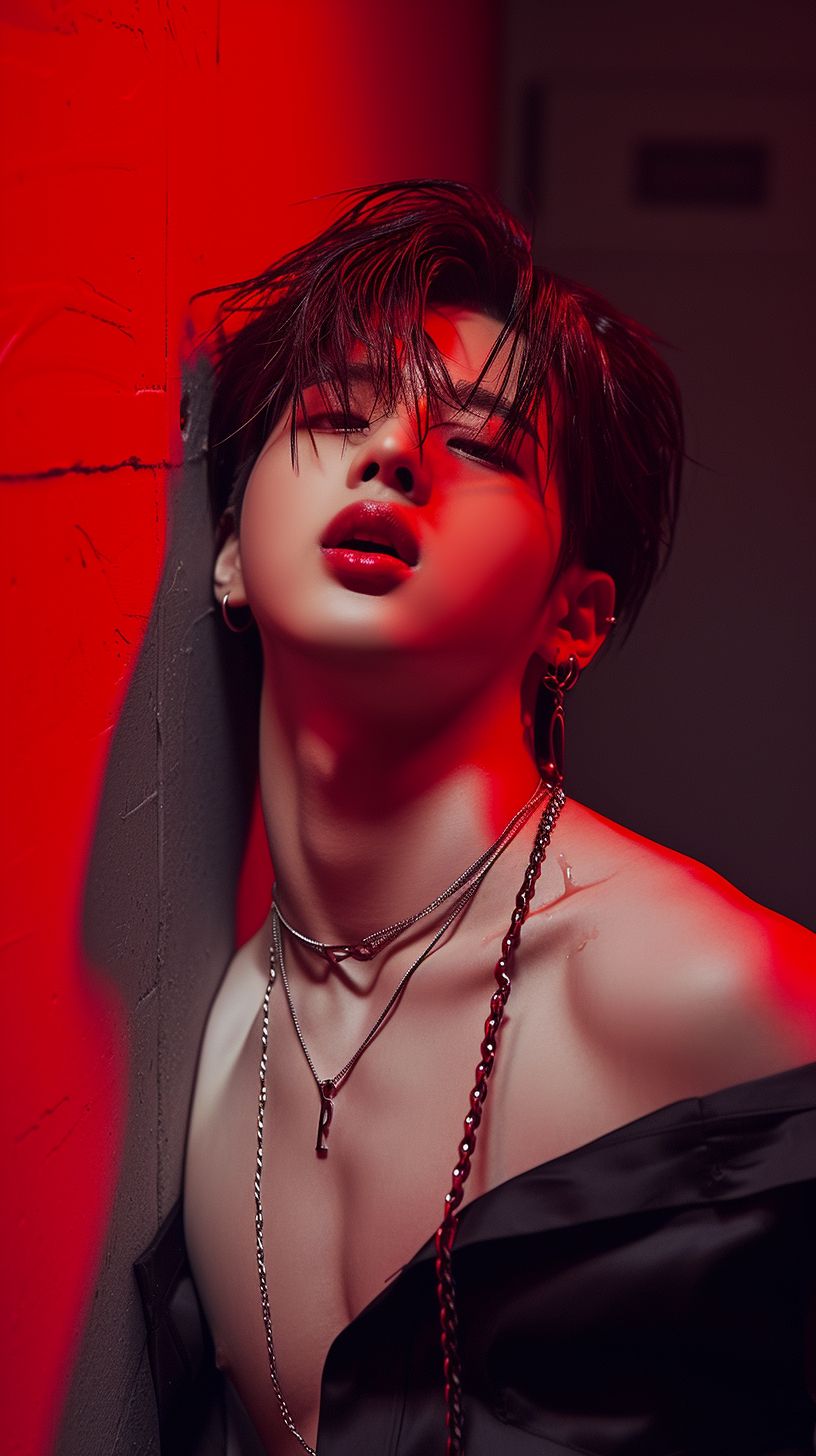Prompt: a man with a form fitting belted shirt leaning against the wall, his mouth half parted open, his pupils looking up through half closed eyes, attractive, warm red blush on his face, thick pink lips, asian, thick black eyeliner, k-pop star, --v 6.0 --ar 9:16