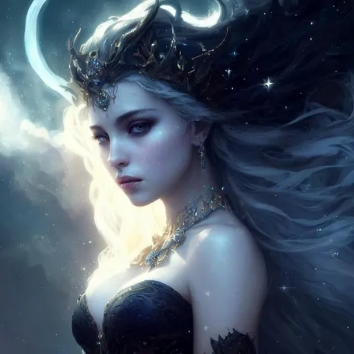 Prompt: A beautiful fantasy female, white skin, ornate jewelry, highly detailed full body , just one head, long white hair, shimmering, wearing dark blue dress, dark cloud background with stars, epic composition, ultra wide-shot, dynamic pose, concept art, dramatic lighting, digital painting, smooth, character design, ((sharp focus))
