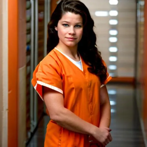 Prompt: Young Evangeline lilly in prison wearing orange scrubs prison uniform