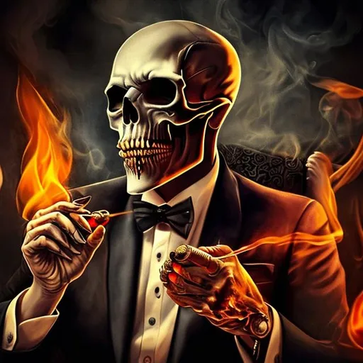 Prompt: scary skull in fire smoking cigar and sitting like a mafia boss with black suit and red tie and whiskey  and smoke is coming out from cigar but make a skull smaller 