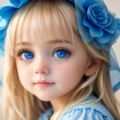 Prompt: baby  girl with very light blonde hair and big blue eyes wearing a blue dress, closeup