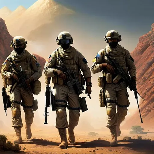Prompt: A  super high quality,  digital painting of a group of American mercenary soldiers patrolling in Africa,  detailed, plain face, digital painting, artstation, concept art, smooth, sharp focus, illustration, intricate art by gaston bussiere 