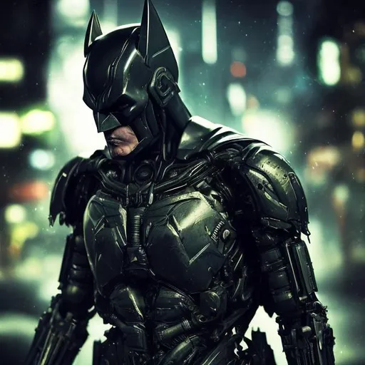 Prompt: Very dark black, gold and green evil distant future bionic enhanced batman. Super soldier. Damaged helmet. Accurate. realistic. evil eyes. Slow exposure. Detailed. Dirty. Dark and gritty. Post-apocalyptic Neo Tokyo. Futuristic. Shadows. Sinister. Armed. Fanatic. Intense. 