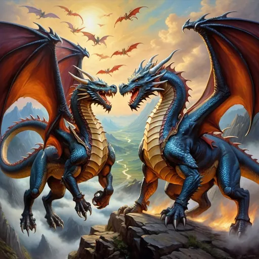 Prompt: opposing dragon armies in arial combat, knights mounted on dragons in armor with spears , fierce expressions, mythical landscapes, high fantasy, Dragon riders, Chivalric Knights, in realistic oil painting, flying through the sky in combat, majestic dragons  mythical landscapes, high fantasy, oil painting, vibrant colors, epic scale, detailed armor, stunning face, atmospheric lighting, professional, highres, fantasy, oil painting, ethereal, fierce expression, varied colors, high fantasy