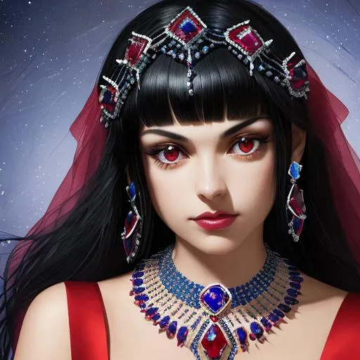 Prompt: a girl with black hair wearing elaborate ruby and sapphire jewelry,  facial closeup