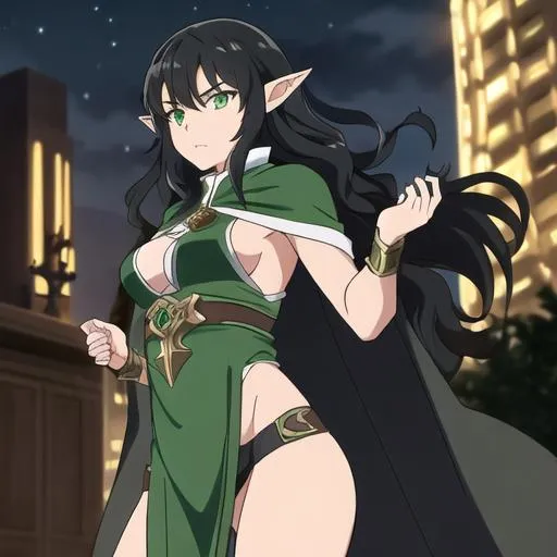 Prompt: girl with black wavy hair and green eyes. She is a thief at night in a cloak and skimpy armour. She has elf ears: