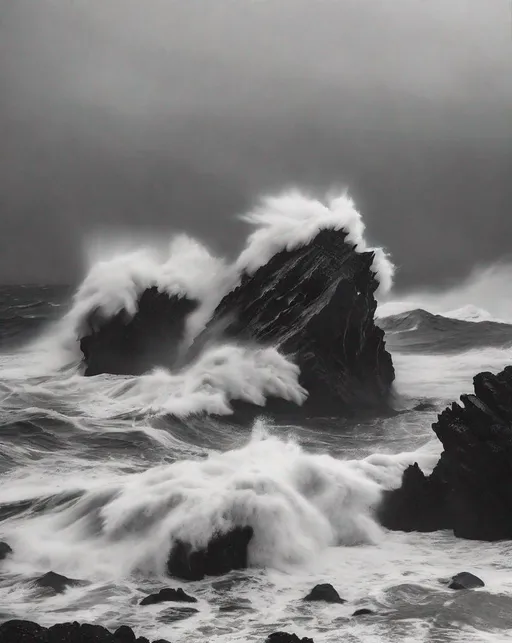 Prompt: Massive storm waves violently crashing against black volcanic rocks on a gloomy, overcast day. The brooding dark ocean water churns and foams as waves smash into the jagged rocks. Shot with a high shutter speed to freeze the motion. Moody black and white edit creates a dark, ominous mood. Minimalist composition highlights the raw power and beauty of nature. Shot with a Canon EOS R5, 70-200mm lens at f/4, 1/2000 shutter speed.