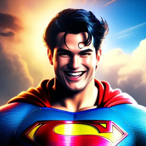 Prompt: hyper detailed, hyper artistic, hyper futuristic, hyper realistic, hyper unique, hyper unseen of too colored laughing Superman, 4k