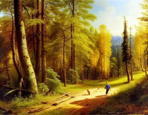 Prompt: Painted landscape of deep forest. Oil painting. High quality and value. Ivan shishkin. Many different plants and trees. Some small mushrooms. One ginger dog is walking. Natural light. bright colours. 