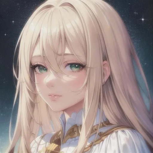 Prompt: (masterpiece, illustration, best quality:1.2), 1girl, blonde hair, hair between eyes, green eyes, soft, mean face, best quality face, best quality, best quality skin, best quality eyes, best quality lips, ultra-detailed eyes, ultra-detailed hair, ultra-detailed, illustration, colorful, night, space, soft glow, profile picture