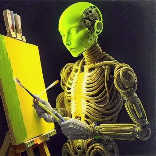 Prompt: An intensely luminous humanoid holding a paintbrush