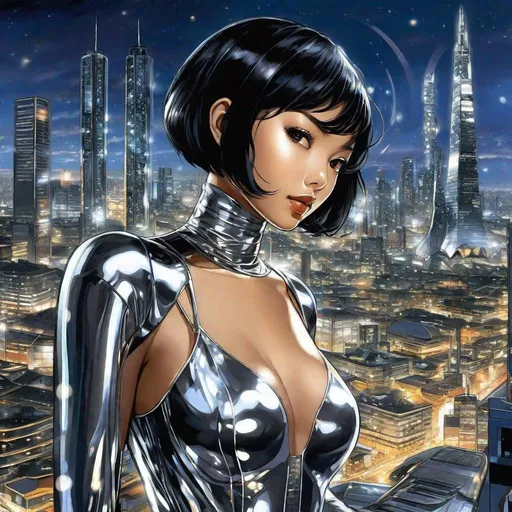 Prompt: anime art, pretty young Indonesian woman, 25 year old, (round face, high cheekbones, almond-shaped brown eyes, delicate nose, short bob black hair), wearing shiny silver revealing body suit, posing for picture, perfect hourglass figure, made of liquid metal, background futuristic cityscape at night, retrofuturism, futuristic, Japanese manga, Pixiv, Fantia