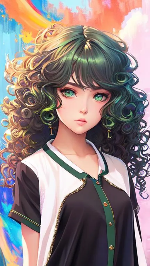 Prompt: illustration art, front, modern fashion, epic Instagram, artstation, hyperdetailed, unreal engine, modern anime anime style, complementary colors, 8k, deviantart masterpiece, oil painting, heavy strokes, young girl, blue curly hair, green pearl eyes, crossing her arms, collared shirt, tight sleeve shirt