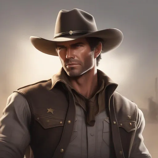 Prompt: A male cowboy sheriff with short brown hair with grey streaks and dark stubble