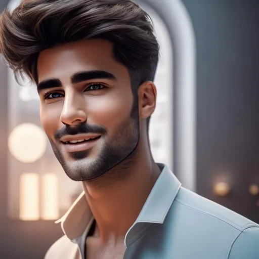 Prompt: An ultra realistic waist up portrait of good looking European man in the 2023s, long shot super detailed lifelike illustration, pearly white teeth, 

soft focus, clean art, professional, colorful, CGI winning award, UHD, HDR, 8K, RPG, UHD render, HDR render, 3D render cinema 4D