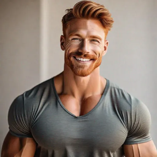 Prompt: Professional photoshoot of a pretty, muscular, cute, tan, ginger man, with a mustache, tight clothes, smirking, {defined shredded musculature, broad shoulders}, vascular muscles, smiling, {sultry}, center frame, natural light, intricate detail, best quality