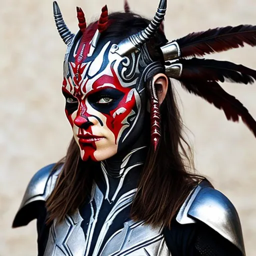Prompt: olivia wilde, darth maul face paint, silver indian face beads, facial beads, facial ruby, silver crown, rams horns, sci-fi armor