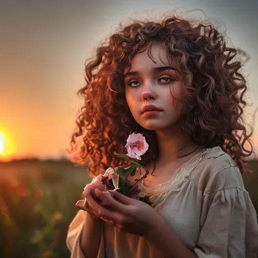 Prompt: A girl with curly hair is looking at the sunset in a sad mood and a withered flower is in her hands
