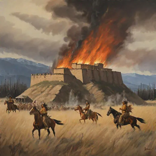 Prompt: Painting of a military fort with a raging wildfire in the background. foreground, summertime in Montana, natural lighting, nature photography, darkened sky, native Americans riding horses in the background 
