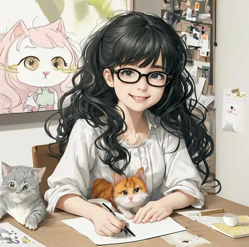 Prompt: a cute and young cartoon woman sitting at a desk with a cute small cat is sitting on her table, smiling, similar appearance with glasses and white dress, wavy and messy hair, front view, The artist has used a hyper-realistic style, with exceptional detail and sharp focus on every aspect of the girl's appearance. vibrant, colorful tones, and the overall effect is breathtakingly beautiful, near window