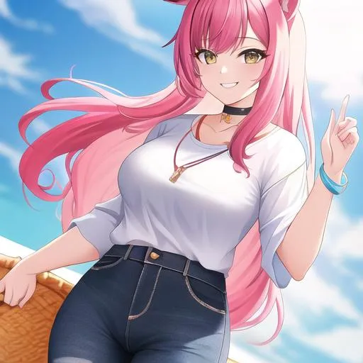 Prompt: Haley as a horse girl with bright multi-color hair in a casual outfit, smiling, carefree




