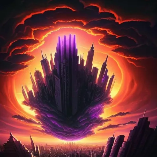 Prompt: a giant purple portal in the sky over a city with tall building