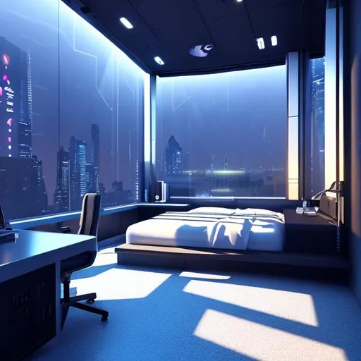 Prompt: futuristic bedroom, cyberpunk style computer on metal desk, architecture, sci-fi, beautiful, geometric shapes, atmospheric lighting, midnight, dark, moonlight shining through window slats, dust, post processing, de-noise, reflections, polyhedral, ultra realistic, unreal engine, clean, modern --ph