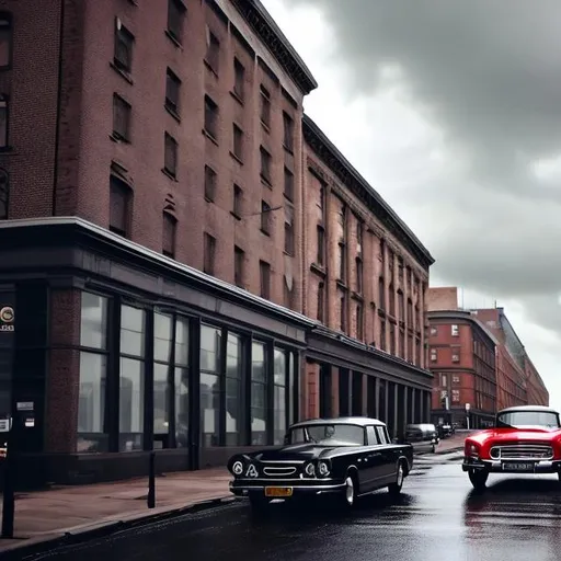 Prompt: 1960s black cars tall window brick buildings  cloudy sky rainy weather tall window brick buildings high quality 4k super realistic