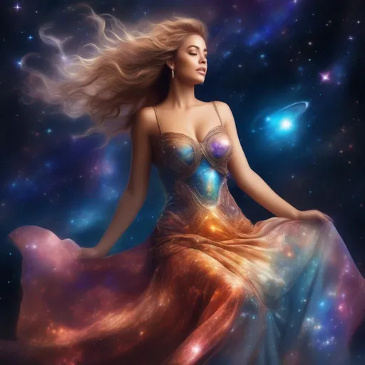 Prompt:  exquisit, hyper realistic, buxom, beautiful goddess with a stunning body, wearing a flowing, revealing, bright, Iridescent, glowing, sparkly, filmy dress, falling backwards through space, the stars, galaxies and nebulas, planets and shooting stars