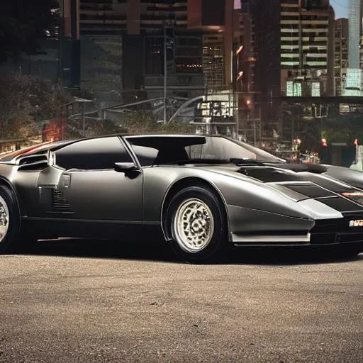 Prompt: De Tomaso Pantera, front view, wide angle, high camera angle, full shot, cyberpunk, dramatic lighting, in a dark city at night, chinese neon signs, futuristic new shooting break, aggressive stance, angular lines, brutalist design, small thin headlights and grille, low on its wheels, big wheels, widened wheel arches