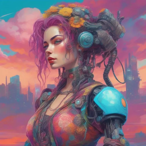 Prompt: A vibrantly and brightly coloured and colourful and beautiful head to toe Persephone as a cyberpunk woman with a robot arm, wearing bohemian lacy clothes, with clouds for hair in a painted style