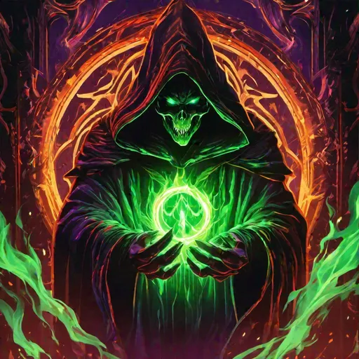 Prompt: A demonic with with glowing eyes and razor sharp teeth, wearing a cloak inside a Magical portal background, green flames, hands, 4K, High Quality, High Detail, High Resolution, Dark Art, Neon, Orange, Red, Purple, Yellow Highlights, Brush Illustration Style, Scary, Horror, Terror