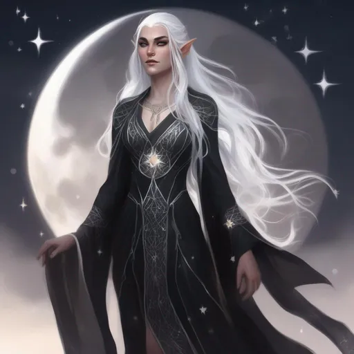 Prompt: dnd a elven woman with long flowing silver hair and glowing white eyes wearing black robes with star patterns moon goddess