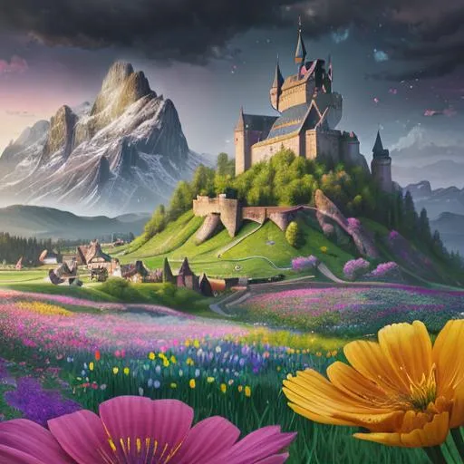 Prompt: A beautiful scene in spring colors, multicolored flowers, colorful flowers, mountains faraway, castle faraway, dark sky. Above the scene a dutch sky, hyperrealism 8k resolution, hyperdetailed, intricately detailed matte 