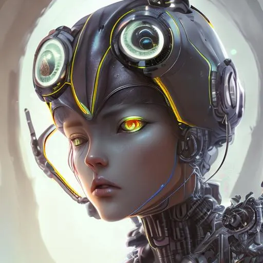 Prompt: Full body portrait of cyborg grey cat, big yellow eyes, symmetrical, anime wide eyes, soft lighting, detailed face, by makoto shinkai, stanley artgerm lau, wlop, rossdraws, concept art, digital painting, looking into camera
