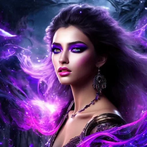 Prompt: HD 4k 3D 8k professional modeling photo hyper realistic beautiful woman ethereal greek goddess of chaos and the void
purple hair yellow eyes gorgeous face brown skin black shimmering dress jewelry  tattoo surrounded by magical glowing starlight hd landscape background of enchanting mystical black abyss