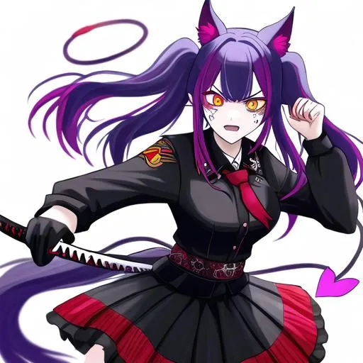 Prompt: Haley  as a demon (multi-color hair) (multi-color eyes)(she has horse ears) holding a katana, fighting, in a gunfight, bullets flying, fighting in a rural area, angry, demon tail, demon wings