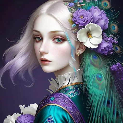 Prompt: dynamic composition of a pale skinned woman with hair of flowers and peacock plummage  of aqua and purple, ornate details,facial closeup